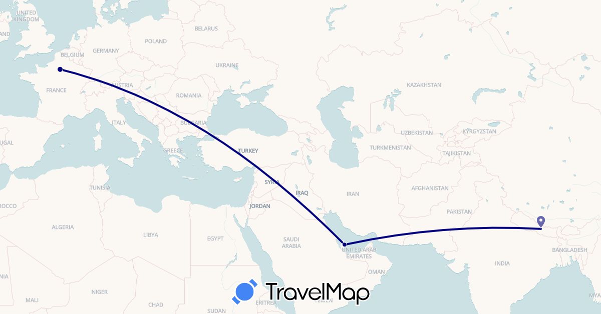 TravelMap itinerary: driving in France, Nepal, Qatar (Asia, Europe)
